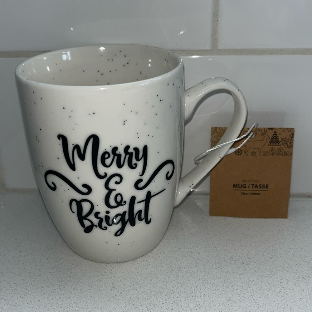 JYSK Merry & Bright White & Black Mug (12oz) NWT $12